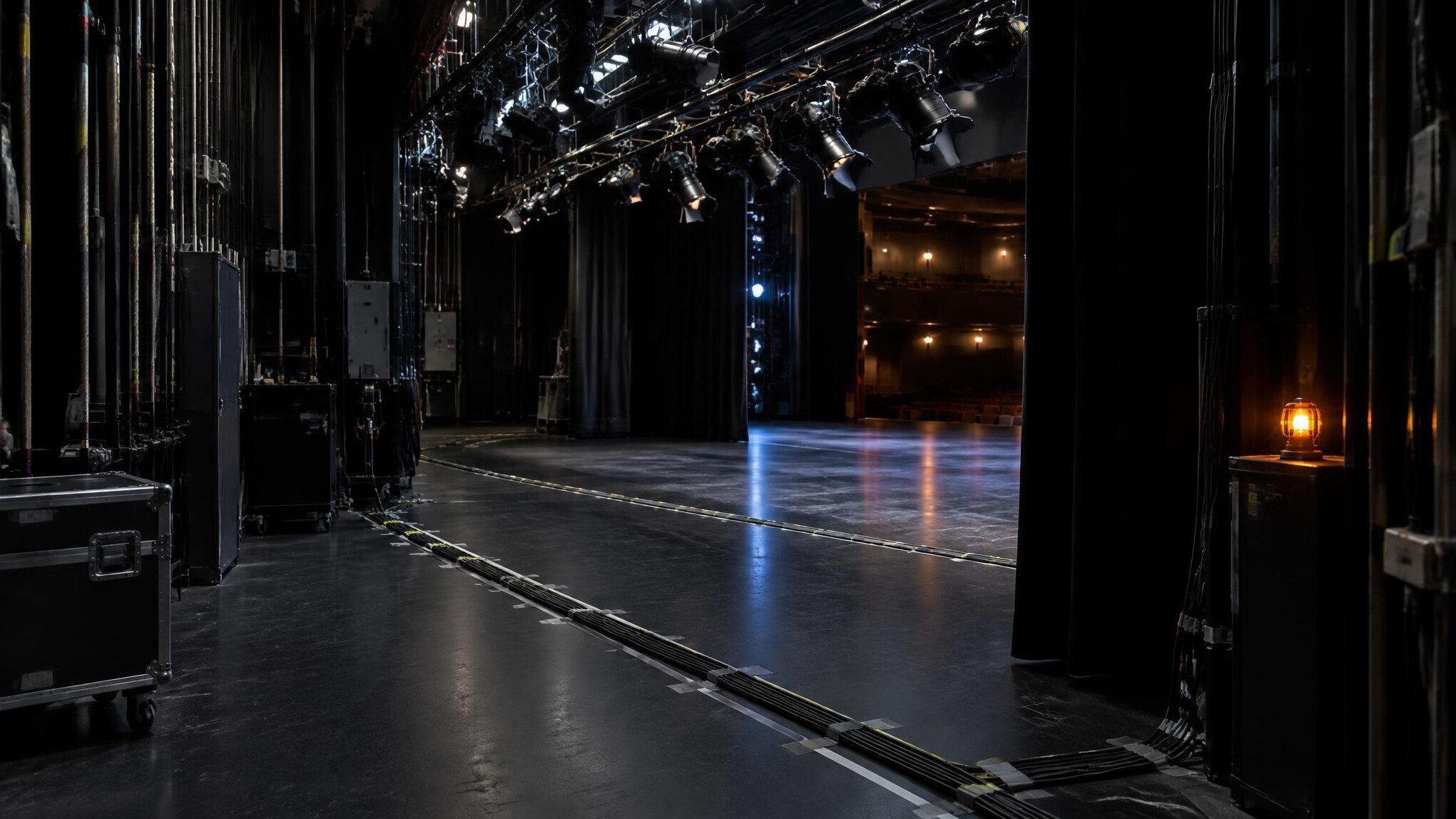 Backstage view of a theatre stage with lighting rigs and cables