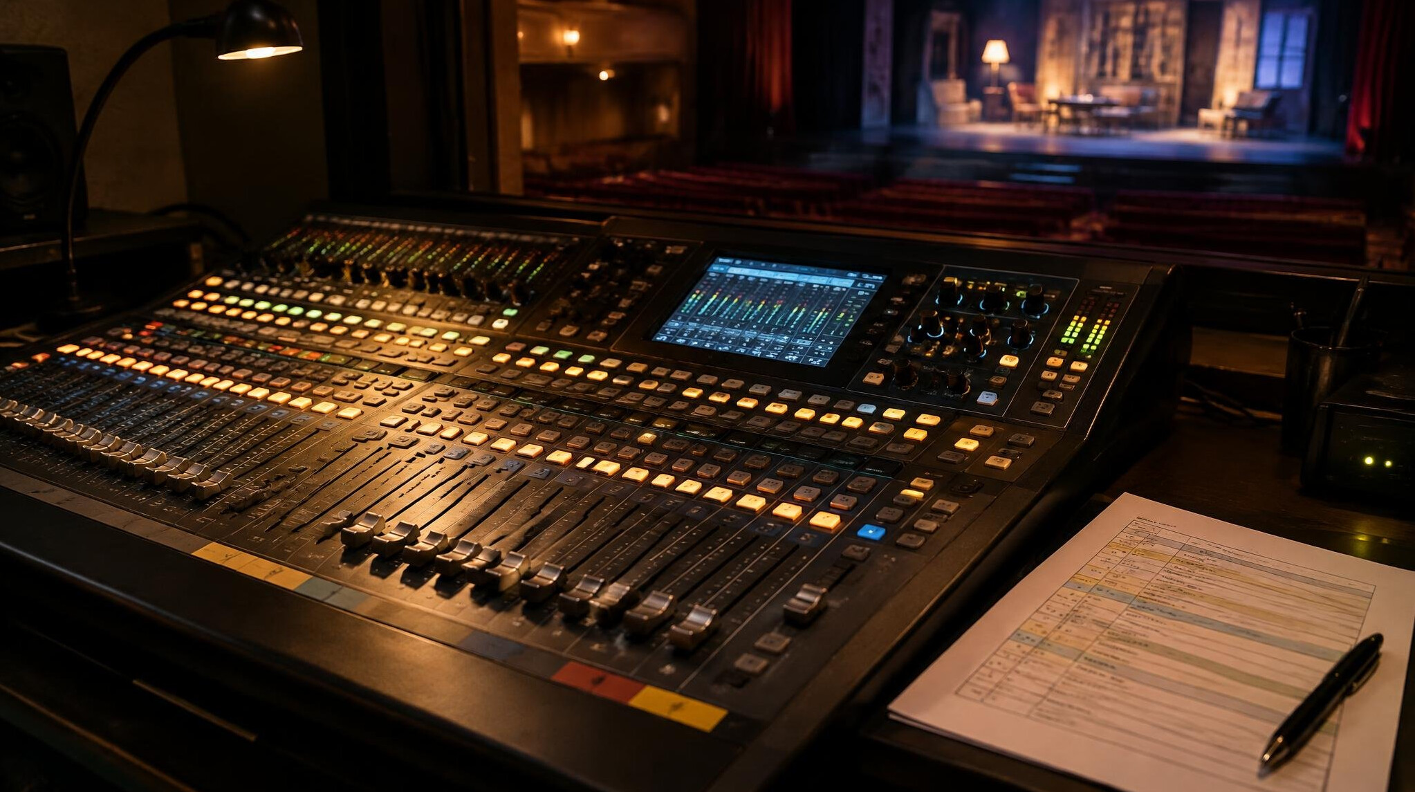 Sound mixing console with faders and cue lights in a control booth