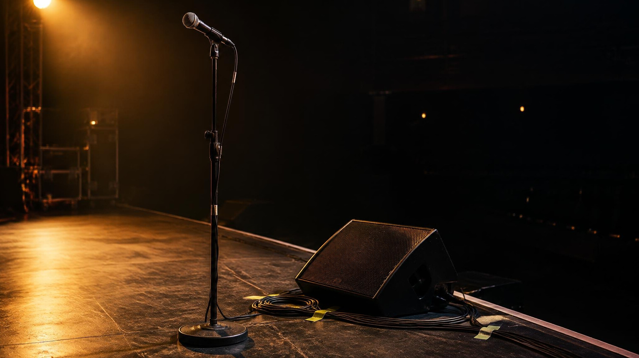 Microphone on a stand in front of a dark stage with warm light