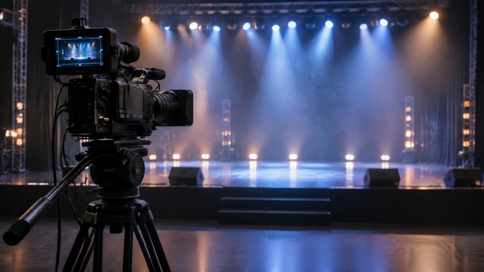 Camera on a tripod ready to film a live stage production